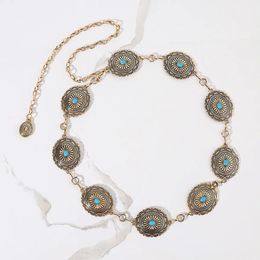 Fashion Antique Gold Alloy Western Floral Circle Conchos avec Turquoise Women's Chain Belt 240412