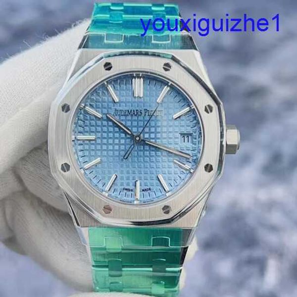 Fashion AP Wall Watch Royal Oak Series 15550st Ice Blue Plate Precision Acero Automático Mecánico Reloj 37 mm Set completo