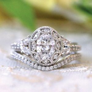 Fashion Art Style 925 Standard Silver Oval Diamond Love Ring Belle bague de fiançailles Bague de mariage Taille 6-10