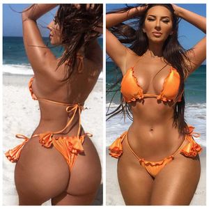 Moda-ARXIPA Borla Sexy Bikini Mini Traje de baño con volantes Mujeres Tanga Traje de baño Halter Tie Traje de baño Tanga Triángulo Traje de baño Sólido Bañista