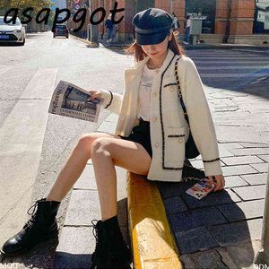 Fashion-asapgot White Mink Cajazador de cachemir Mujeres Otoño Invierno Estilo perezoso Corea Retro Negro O Loos O Neck Fashion Fashion