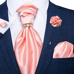 Corbata de Ascot de moda para hombre, conjunto de broche de anillo de corbata de corbata rosa sólida de seda para fiesta de boda, accesorios de traje de hombre, bufanda masculina, regalo 240109