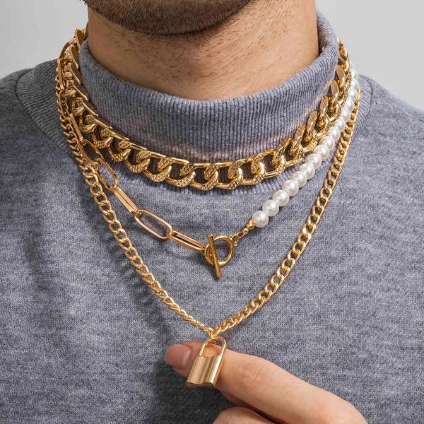 Cerradura asimétrica de moda para hombres y mujeres, Gargantilla de cadena de eslabones cubanos gruesos Punk, cierre de palanca, collar de perlas, joyería de fiesta