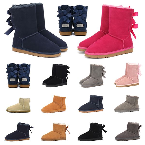 Mode Aus Femmes Bottes Designer Bottillons Classique Botte de neige Châtaigne Low Bow Noir Gris Rose Bleu Marine Cheville Courte Hiver Neige Femmes Dame Chaussure Extérieure Taille 36-41