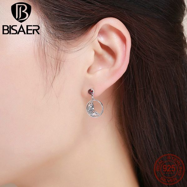 Mode- Authentique 925 Sterling Argent Rouge CZ Papillon Ailes Boucles D'oreilles Rondes Pour Femmes Mode Argent Bijoux Cadeau GXE342