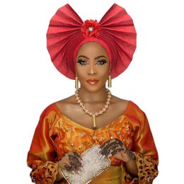 Mode auto gele headtie Afrikaanse Nigeriaanse vrouwen traditionele aso oke autogele waaiervorm voor bruiloft party316l