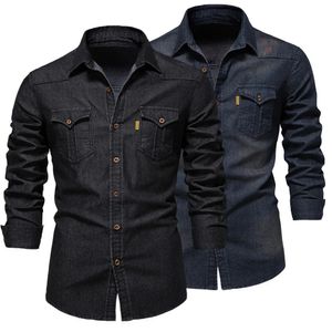 Mode Herfst Katoenen Denim Shirts Mannen Casual Lange Mouw Kwaliteit Cowboy Shirt Effen Kleur Slim Fit Elastische Jean voor 240111