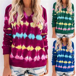 Mode Herfst Sweatshirt met Capuchon voor Vrouwen Gestreepte Tie Dye Print Lange Mouw Casual Vrouwelijke Losse Hoodie Streetwear 210603