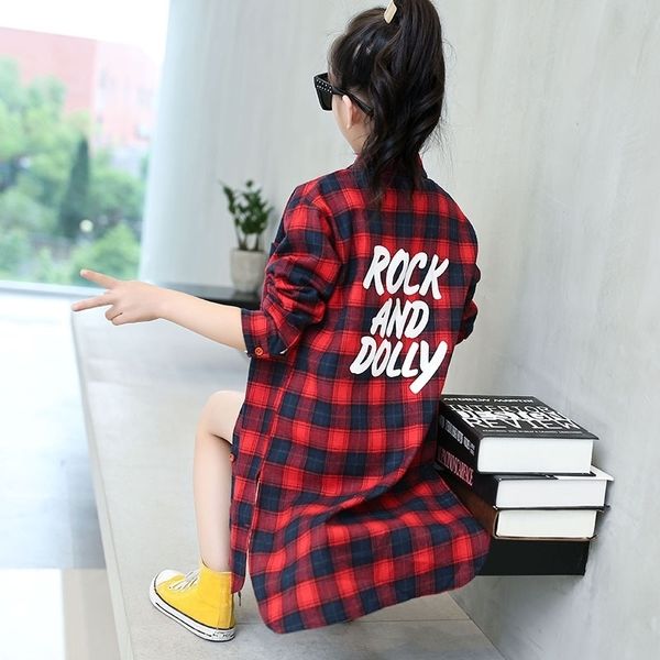 Mode Automne Longue Section Blouse pour Filles Vert Jaune Rouge Plaid Coton Chemises Casual Teenage School Tops et Blouses 210331