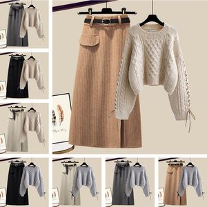 Mode Herfst Winter Roksets Voor Vrouwen Outfits Koreaanse Casual Knitwears Trui En Hoge Taille Rokken Tweedelige Sets