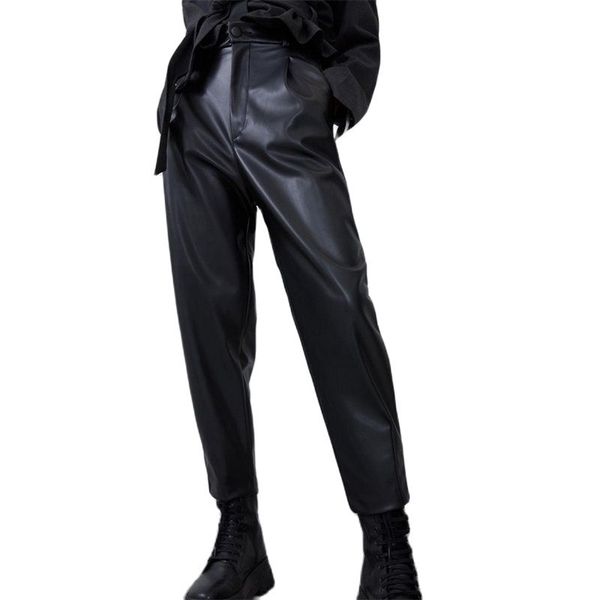 Moda Otoño Invierno mujer cintura alta negro Faux cuero pantalones señora PU suelto lápiz pantalones elegante bolsillo Streetwear 211124
