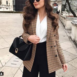 Mode Automne Femmes Plaid Blazers et Vestes Travail Bureau Dame Costume Slim Double Boutonnage Femme Blazer Manteau Talever 201023