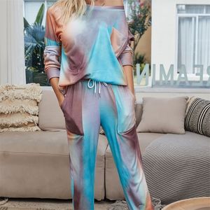 Mode Herfst Dames Pyjama's Set Gradiënten Tie Geverfd Lange Mouw Lange Broek 2 stks Sets Home Casual Night Sleep Draag Dames Kleding 45DN L2