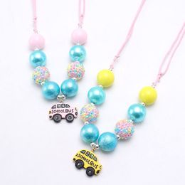 Mode baby chunky bubblegum kralen ketting met schoolbus hanger voor meisjes kinderen DIY touw ketting kids cadeau