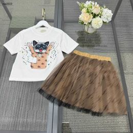Fashion Baby Clothes Kids Tracksuits Summer Princess Robe Taille 100-150 cm Girls Cartoon Cat Pattern T-shirt et jupe en dentelle 24MA