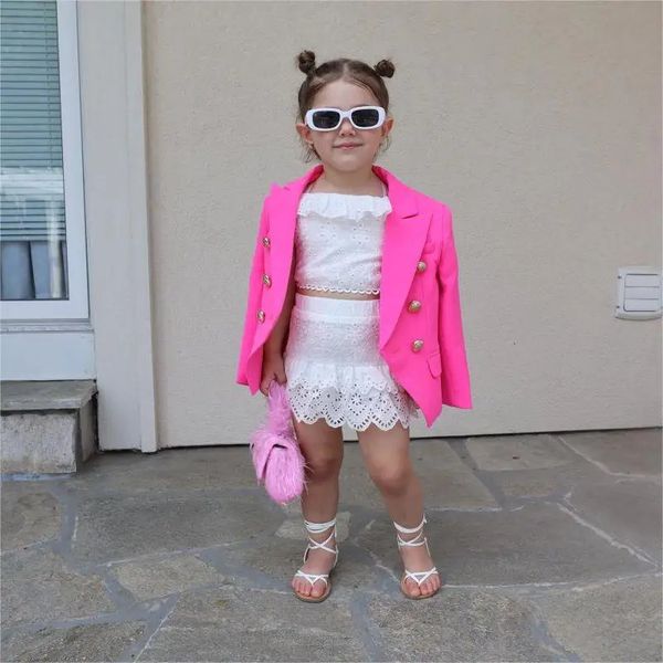 Mode bébé fille Blazer pardessus printemps automne à manches longues rose haut ensemble enfants vêtements enfants vêtements d'extérieur veste 1-12Y 240313