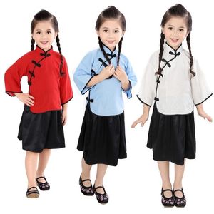 Mode bébé fille école robe costumes chinois traditionnel Graduation Costumes enfants pull chemise + jupes vêtements costume Qipao ensemble 210413