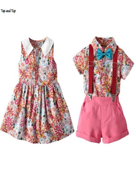 Mode bébé enfants vêtements ensembles à manches courtes noeud papillon chemise bretelles shorts robe de princesse frère et soeur correspondant tenues 211040884