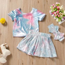 Mode Baby Tie Dye Kleding Set Met Bogen Voor Meisjes Peuter Glanzende Kleur T-SHRIT en Rok 2 stks Outfit Kids 210529