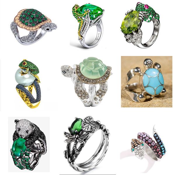 Joyería de banda de moda, Estilos mixtos, creativo, encantador, Rana, Panda, tortuga marina, serpiente, Animal, anillo femenino para mujer, accesorios de fiesta