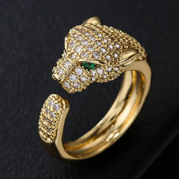 Anillo de banda de moda completo CZ con incrustaciones de diamantes animales cabeza de leopardo anillos ajustable joyería de fiesta Unisex