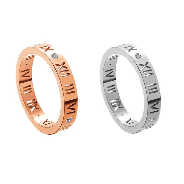 Fashion Band Rings bijoux tempérament élégant de évider les chiffres romains porte-bonheur bague en acier au titane plaqué or rose