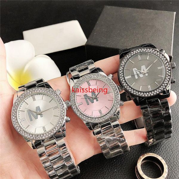 Fashion Band Watches Women Girl Letters Big Style Crystal Metal Steel Band Wrist Watch Watch