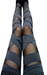Fashion Bandage Leggings Mesh Womens Leggins 2018 Sexy Legging Slim Black Punk Rock Elastic Femme Pants1869245
