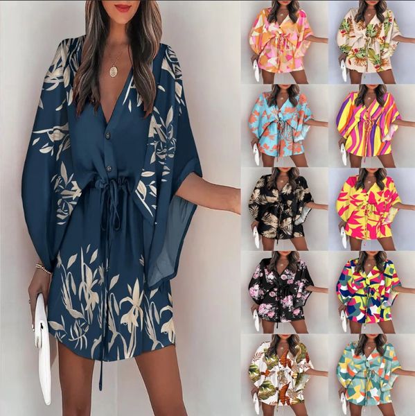 Moda Batwing manga estampado encaje Up Mini vestido para mujer Sexy cuello en V Casual suelto Boho vacaciones vestidos cortos mujer verano