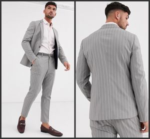 Mode Beach Pinstripe Heren Bruiloft Bruidegom Suits One Button Piek Revers Formele Bruidegom Dragen Tuxedos (jas + broek)