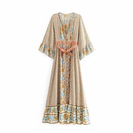 Fashion Beach Style Retro Printing V-hals Lace Up Long Kimono Jas Dames Shirts 210615