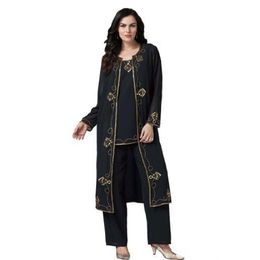 Fashion Beaded Mother of the Bruid Pant Suits Drie Pieces Lovertjes Bruiloft Gastjurk Chiffon Plus Size Lange Mouwen Moeders Bruidegom Jurken