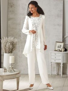 Moda con cuentas Madre de la novia Trajes de pantalón Cuello joya Con lentejuelas Vestido formal de invitados a la boda con chaquetas Tallas grandes Madres Novio 282W