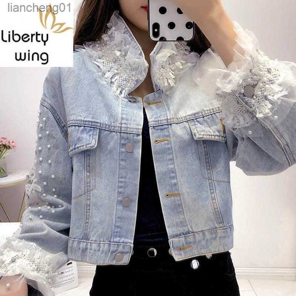 Mode perles dentelle volants court Denim manteau femmes haute rue automne nouveau à manches longues lumière bleu Jean veste femme S-L