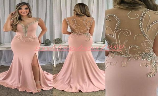 Perles de mode Split Split Split Pink 2020 Robes de soirée Party Occasion Porte Jupe Illusion arrière Pageant Gownsles sans manches Prom Fo7174844