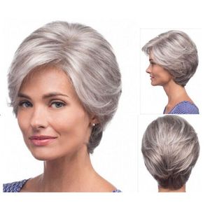 Mode belles femmes perruques courtes pour les vieilles femmes cheveux gris synthétiques Style droit Olded perruque Cosplay