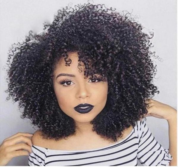 Moda Hermosa cabello brasileño Ameri africano corto Afro Kinky Curly Full Simulation Hair Human Hair Wig con flequillo IN1027142