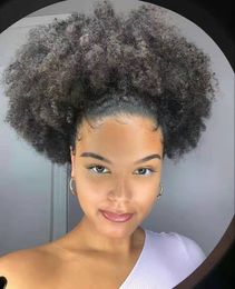 Fashion Beauty Afro-Américain Cheveux Humains Queue De Cheval Argent Gris Queue De Cheval Extension Postiche Clip Sur Gris Afro Bouclés Coiffures 120g 140g