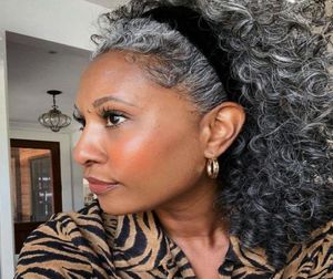 Mode Schoonheid Afro-Amerikaans Echt haar Paardenstaart Zilvergrijs Paardenstaartverlenging Haarstukje Clip-on Grijs Afro Krullend kapsel9155645