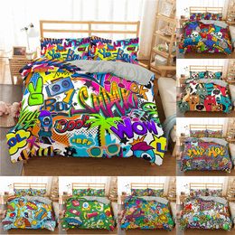 Mode Beddengoed Set Cartoon Graffiti Polyester Dekbedovertrek Kussensloop Thuis Textiel Single King Twin Double Full Queen Size