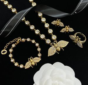 Vintage femmes diamant Bracelet boucles d'oreilles collier ensemble 18K plaqué or abeille bijoux dame mariée fête mariage amoureux cadeau