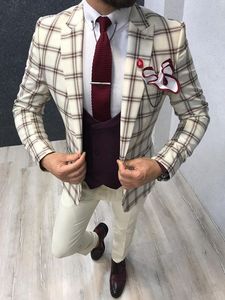 Mode Beige Glen Plaid Man Business Pak Werk Blazer Coat Caillon Broek Sets Groom Tuxedos (jas + broek + Vest + Tie) K73