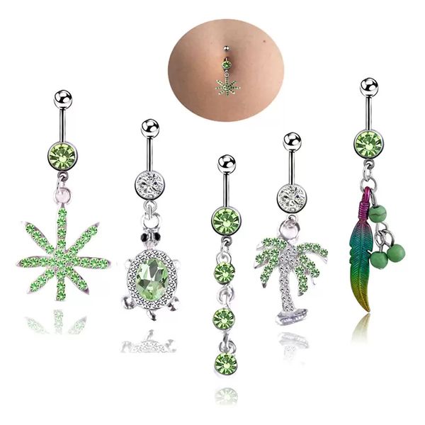 Mode cloche bouton anneaux 5 pièces nombril anneau combinaison petite feuille verte fraîche nombril ongles tortue nombril bouton