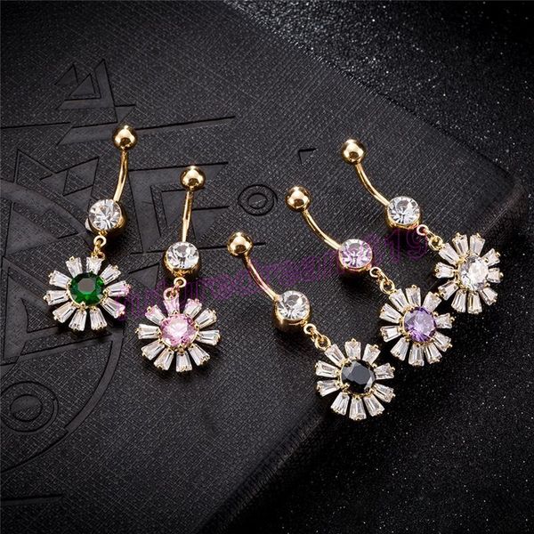 Mode nombril anneaux Sparky CZ fleur nombril Piercing ventre anneaux bijoux de corps brillant Zircon boucle anneau pour les femmes