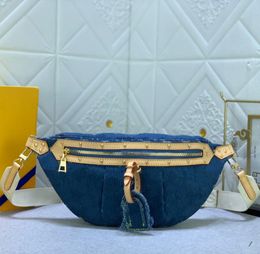 Sac de ceinture de mode hommes haute Riser étiquette sac à bandoulière sac à main classique Denim sac de poitrine Double fermeture éclair large bandoulière brodée sacs de taille de sport