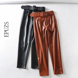 Mode Riem Zwart Kunstleer Broek Vrouwen Hoge Taille Streetwear Sjerpen Pockets Office Dames PU-broek 210521