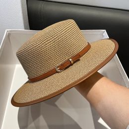 Cinturón de moda, sombrero de paja de parte superior plana británica decorativa, sombreros de ala ancha para protección solar de playa y verano para mujer