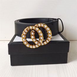 Mode riem Designer dames Heren riemen echt leer Parel en Diamanten Grote Gesp vrouwelijke riem Gordel zwarte kleur 3 4 3 8cm widt342u