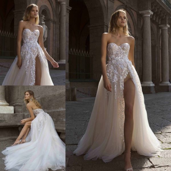 Moda Berta Side Split vestidos de novia cuello sin tirantes con lentejuelas apliques vestidos de novia una línea de tren de barrido tul robe de mari￩e