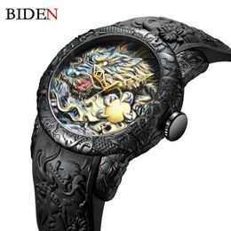 Moda BIDEN Relojes para hombre Diseño de dragón Reloj de cuarzo Correa de silicona Reloj deportivo resistente al agua Reloj masculino Relogio masculino X0622404